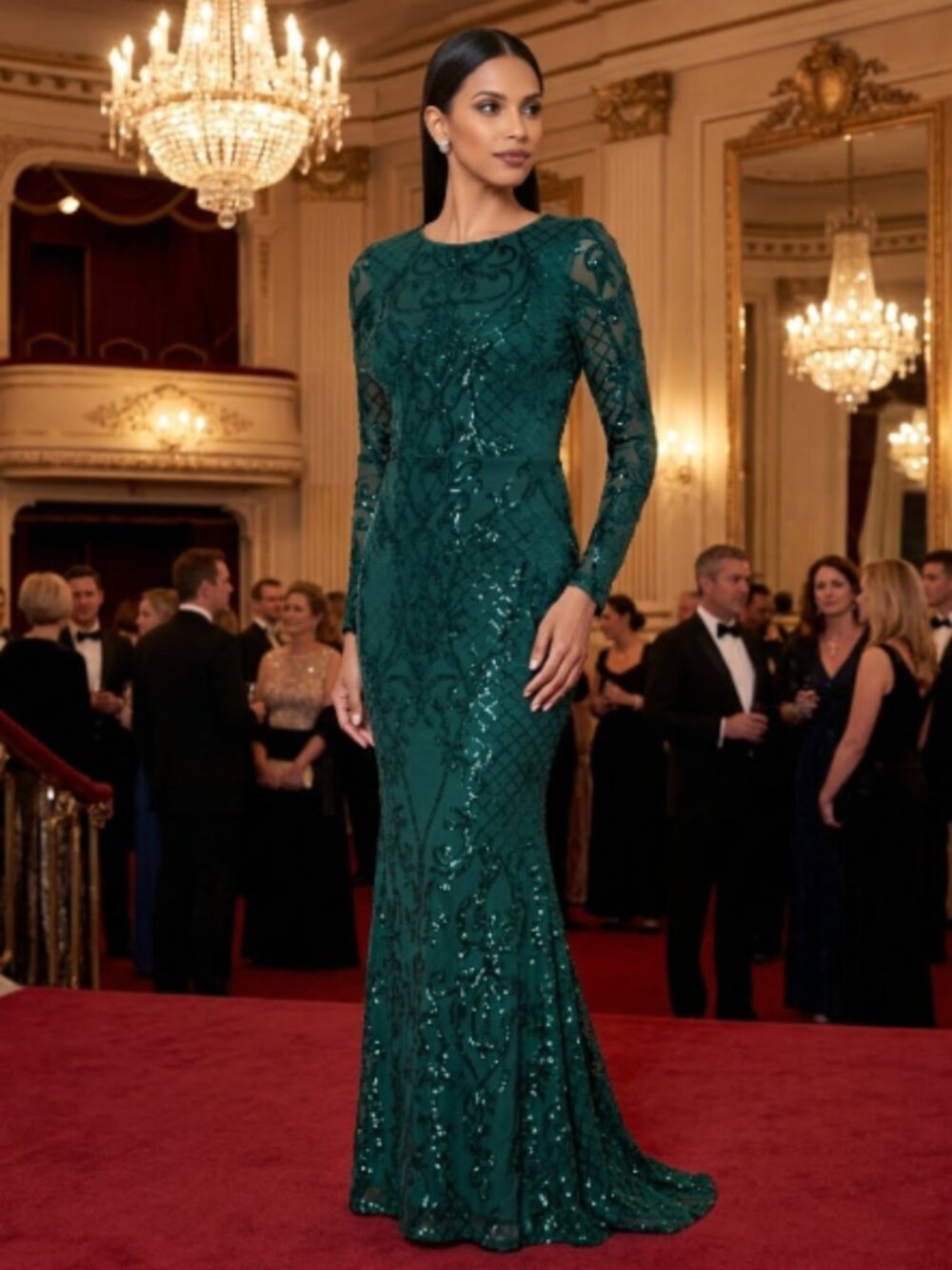Betsy & Adam Emerald Green Sequin Long Sleeve Mermaid Gown Size 8P NWT